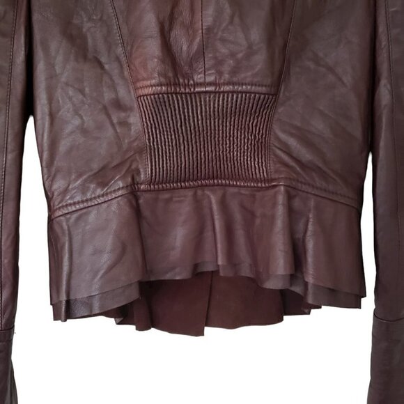 Eva Ouxiu Burgundy Lambskin Leather Crop Slim Fit Ruffled Moto Jacket - Picture 9 of 13